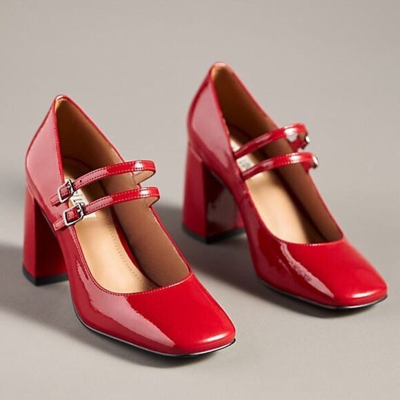 Anthropologie Bibi Lou Milena Heels Cherry Red Patent Leather Maryjane Chunky - Picture 1 of 4